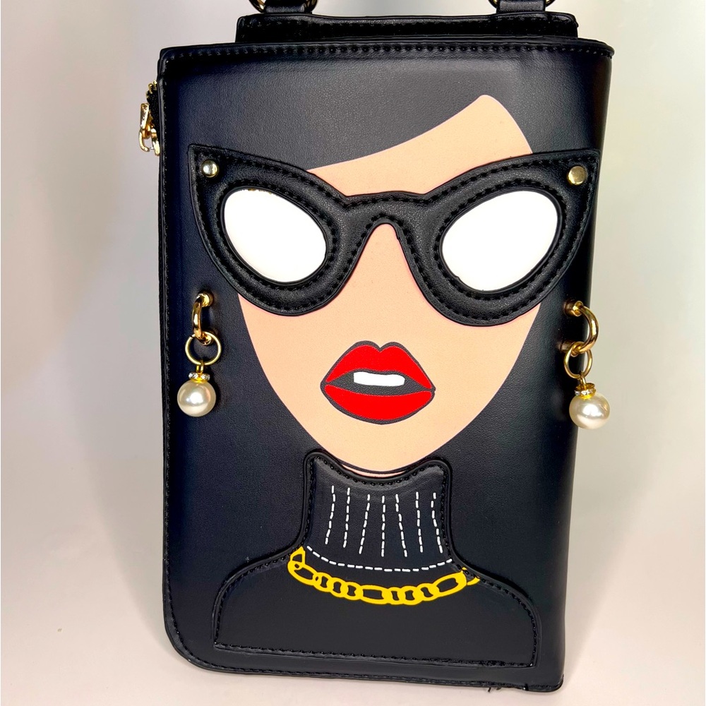 Interesting Sunglasses Pearl Earring Face Purse Clutch Handbag With Strap